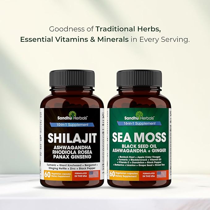 Shilajit Sea Moss Ashwagandha Combo Bundle - Black Seed Oil, Turmeric, Rhodiola Rosea, Panax, Ginseng Supplement | 120 Capsules, Better Than Gummies, Resin | Seamoss for Men & Women