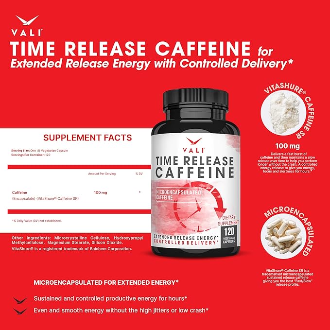 VALI Time Release Caffeine 100mg Pills - Smart Slow Release for Extended Energy & Focus. Advanced Nootropic Supplement. Brain Booster for Active Performance, Alertness & Clarity. 120 Veggie Capsules