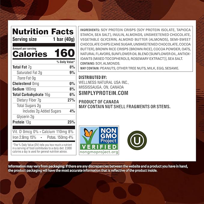Simply Protein - Dark Chocolate Almond Crispy Bars - Plant Based Protein Bars - Low Carb, Low Sugar, High Fiber - 13g Protein, 2g Sugar, 7g Fiber - Vegan, Gluten Free, Non GMO, Kosher - 4 Bars