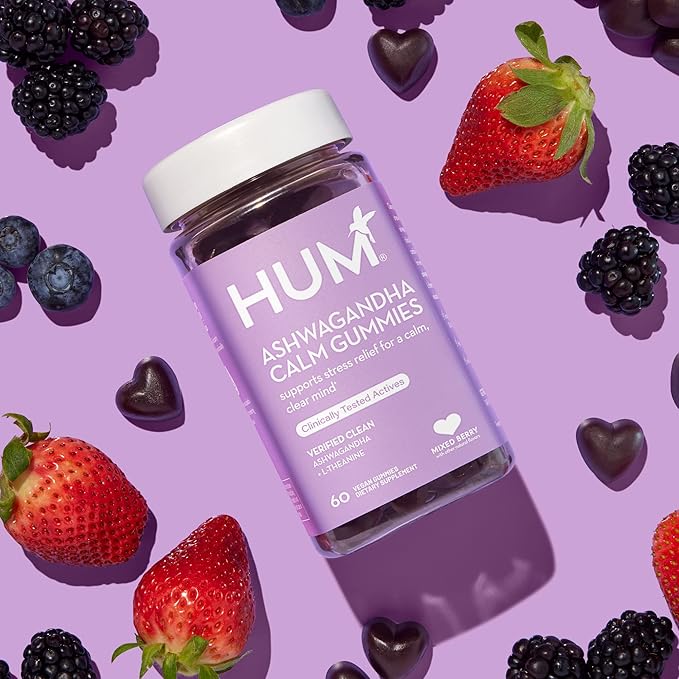 HUM Ashwagandha Calm- L-Theanine & Ashwagandha for Daily Relaxation & Mood Support - Mixed Berry Flavor (60-Count)