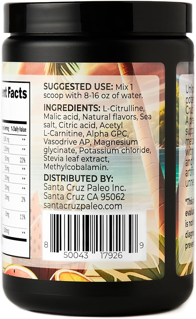 Santa Cruz Paleo Natural Pre Workout Powder, Island Punch, Keto Preworkout with Electrolytes Magnesium, Potassium, L-Citrulline, Caffeine Free, Sugar Free Drink Mix for Energy & Hydration, 30 Servings