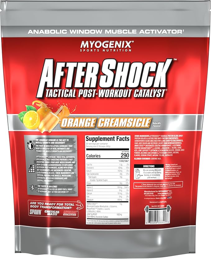 Myogenix Aftershock Post Workout, Muscle Growth Whey Protein Powder | Anabolic Whey Protein and Mass Building Carbohydrates | Amino Stack Creatine and Glutamine Plus BCAAs | Orange Creamsicle 6 LBS
