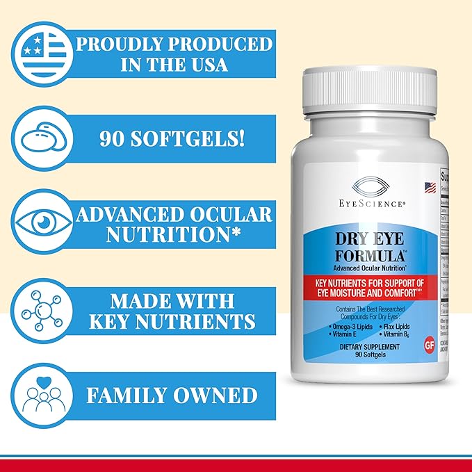 Dry Eye Formula - 90 Softgels - for Relief, Omega-3, Vitamins E, C & B6, Magnesium - Tear Production & Lasting Comfort - 2 Pack