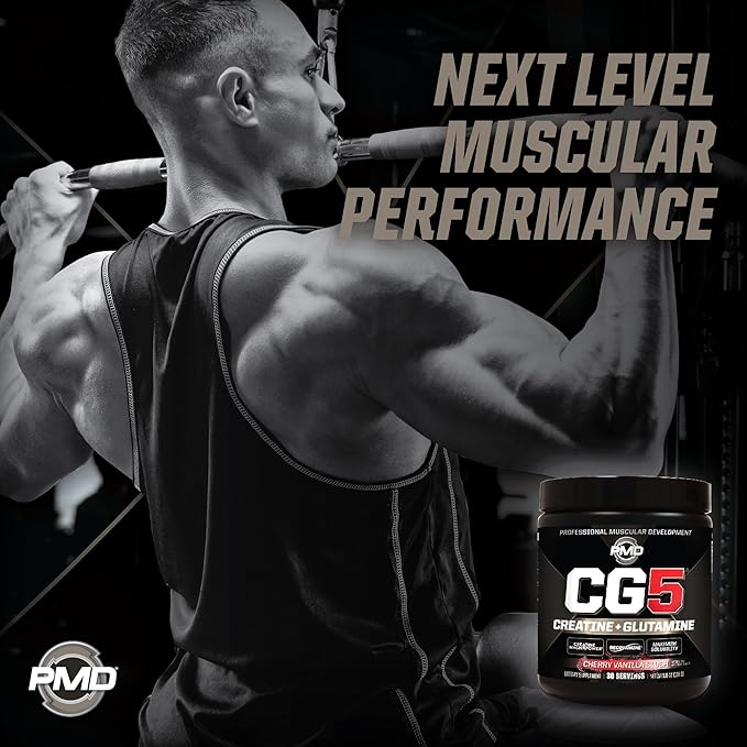 PMD Sports CG5 - Premium Creatine and L Glutamine Powder - Maximum Strength Power Recovery, Build Lean Muscle, Increase Performance - Pre-Workout and Post Workout - Cherry Vanilla Slush (30 Servings)