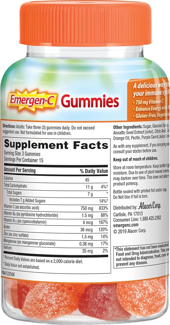 Emergen-C 750mg Vitamin C Gummies for Adults, Immunity Gummies with B Vitamins, Gluten Free, Orange, Tangerine and Raspberry Flavors, 45 Count (Pack of 1)
