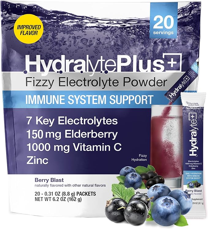 Hydralyte Electrolytes Plus Immunity, Elderberry - Low Sugar Rapid Rehydration Powder - Lightly Sparkling Electrolyte Powder Packets with 1,000mg Vitamin C and 300 mg Elderberry (8oz Serve, 20 Count)