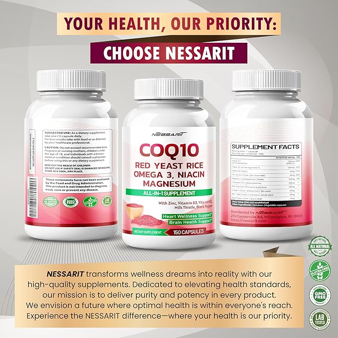 COQ10 + Red Yeast Rice Supplement - 10-in-1 Natural Blend with Omega 3 Vitamin B3, K2, D3, Zinc Milk Thistle Black Pepper - 150 Count - Made & Tested in The USA