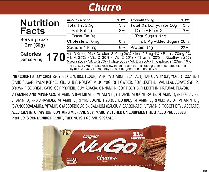 NuGo Protein Bar, Churro, 11g Protein, Gluten Free, 15 Count