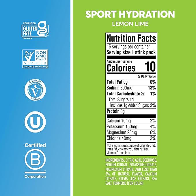 Nuun Sport Electrolyte Powder Packets with Magnesium, Calcium, Potassium, Chloride, and Sodium, Hydration Packets for On-The-Go, Lemon Lime Flavor, Gluten Free & Vegan, 16 Single Servings