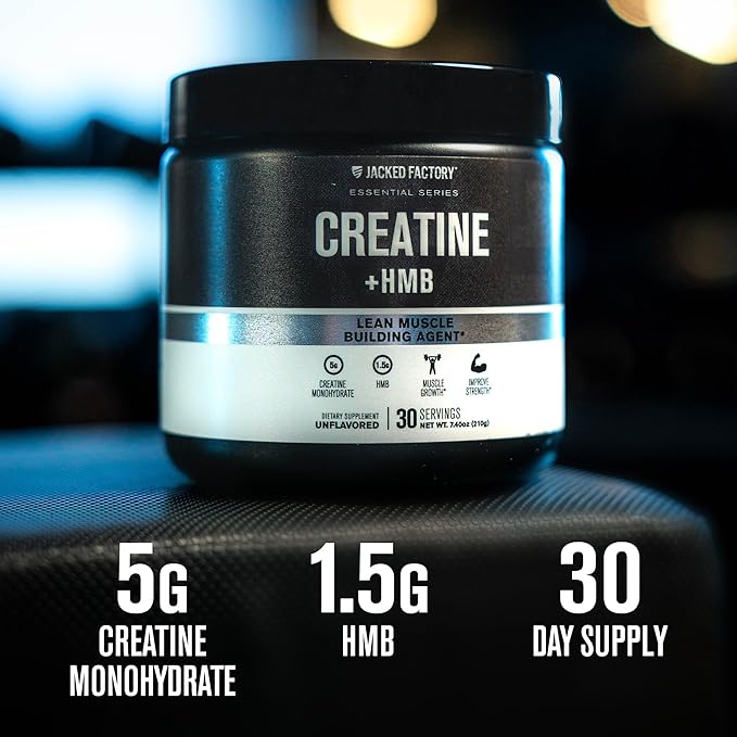 Jacked Factory Creatine Monohydrate + HMB - Creatine Dietary Sports Nutrition Bodybuilding Supplement for Men and Women - Muscle Growth, Increased Strength, Enhanced Energy - 30 Servings, Unflavoured