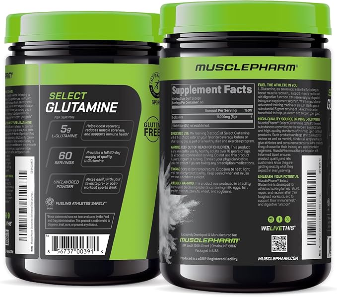 MusclePharm Essentials Glutamine, Pure L-Glutamine Powder Supplement for Post Workout Muscle Recovery, Energy & Gut Health, 5g L Glutamine Powder per Serving, Gluten-Free, Unflavored, 60 Servings