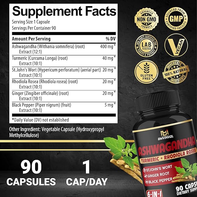 Ashwagandha Capsules with Turmeric, St.John's Wort, Rhodiola Rosea, Ginger, and Black Pepper - 90 Count - 3 Month Supply