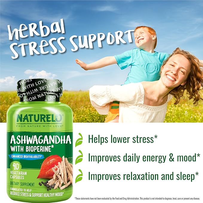 NATURELO Ashwagandha Organic Root Powder - Natural Herbs Supplement for Fatigue, Stress Relief, Mood Enhancer - with Black Pepper Extract - 90 Vegan Capsules (Pack of 2)