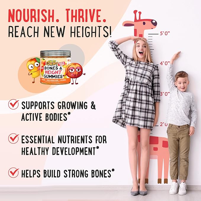Center-Filled Height Growth Increase Gummies - Grow Taller Supplement Vitamins for Kids & Teens with Calcium, Astragalus, D3, K2, L-Arginine, Glutamine & Omithine HCI - 60 Count