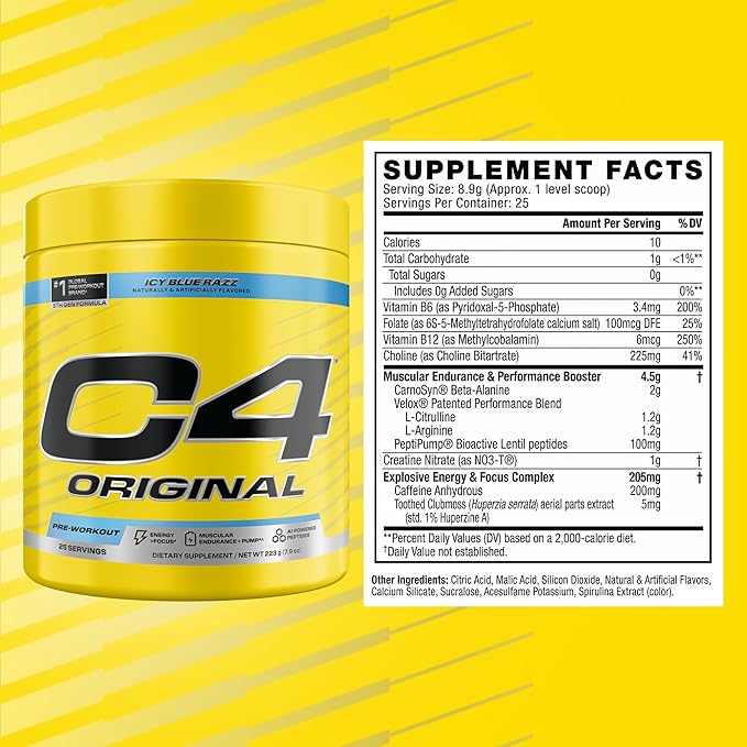 Cellucor C4 Original Pre Workout – Pre-Workout for Endurance, Focus & Performance with 200mg Caffeine, Beta-Alanine, Creatine Nitrate, L-Arginine & PeptiPump – Sugar Free, 25 Servings, ICY Blue Razz