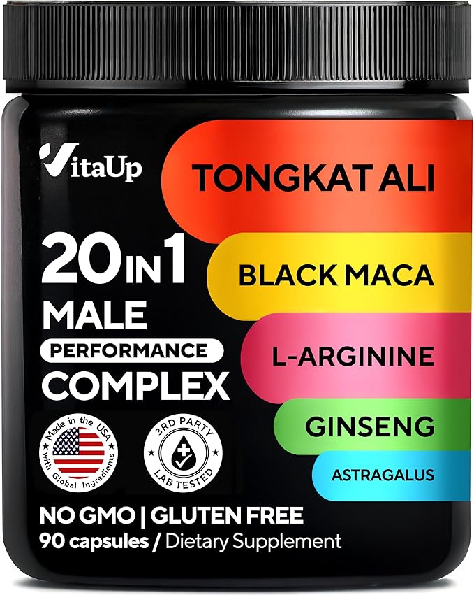 Tongkat Ali for Men 20 in 1 with Astragalus - USA Made Mens Supplement Complex with Black Maca Root, L-Arginine, Ginseng, Calcium, Astragalus for Normal Strength & Endurance Support - 90 Caps