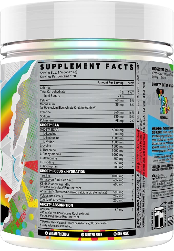 GHOST Intra Workout Powder, Sour Strips Rainbow - BCAAs, & EAAs, Nootropics & Hydration - Essential & Branch Chain Amino Acids Supports Muscle Recovery & Focus - Pre, Intra & Post Workout Powders