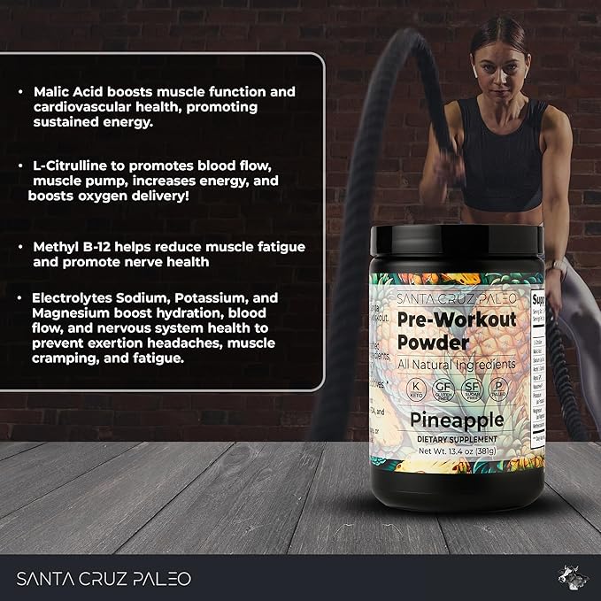 Santa Cruz Paleo Natural Pre Workout Powder, Pineapple, Keto Preworkout with Electrolytes, Magnesium, Potassium, L-Citrulline, 150mg Caffeine, Sugar Free Drink Mix for Energy & Hydration, 30 Servings
