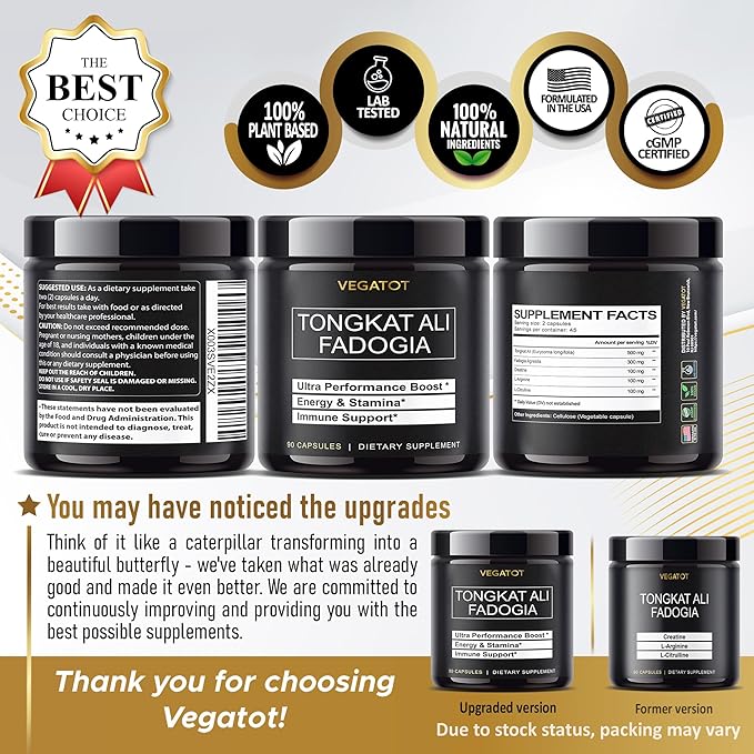VEGATOT Fadogia Agrestis Tongkat Ali Ultra Herbal Supplement **USA Made and Tested** Potency Boosted with Creatine, L-Citrulline, L-Arginine - Promote Energy & Performance