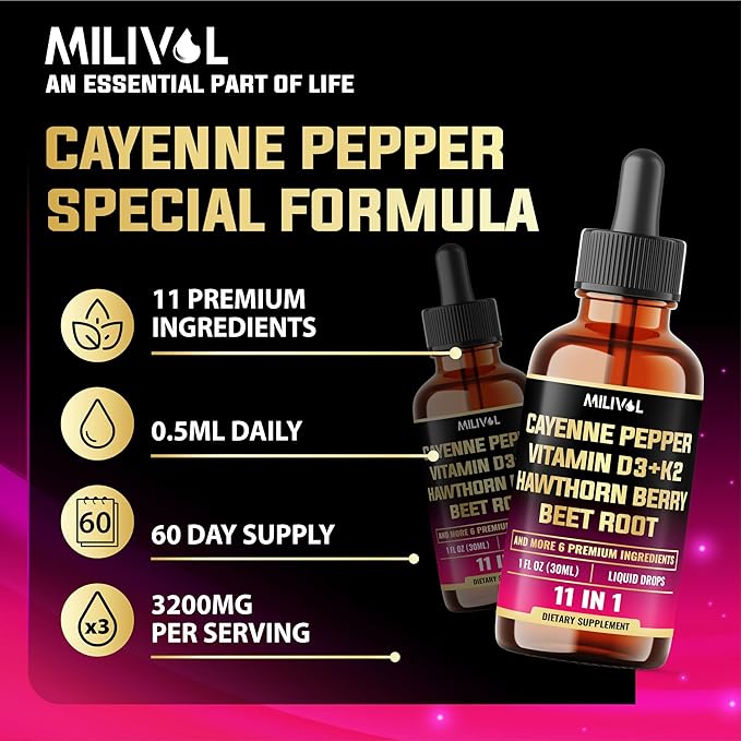 11in1 Cayenne Pepper Liquid Drops with Hawthorn Berry, Vitamin D3, K2, Berberine, Bitter Melon, Turmeric & More – for Heart & Immune Support – 1 FL Oz – 60 Days Supply