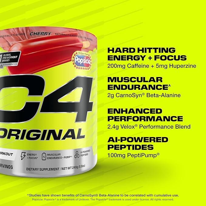 C4 Original Pre Workout – POPSICLE Cherry - Pre-Workout for Endurance, Focus & Performance with 200mg Caffeine, Beta-Alanine, Creatine Nitrate, L-Arginine & PeptiPump – Sugar Free, 30 Servings