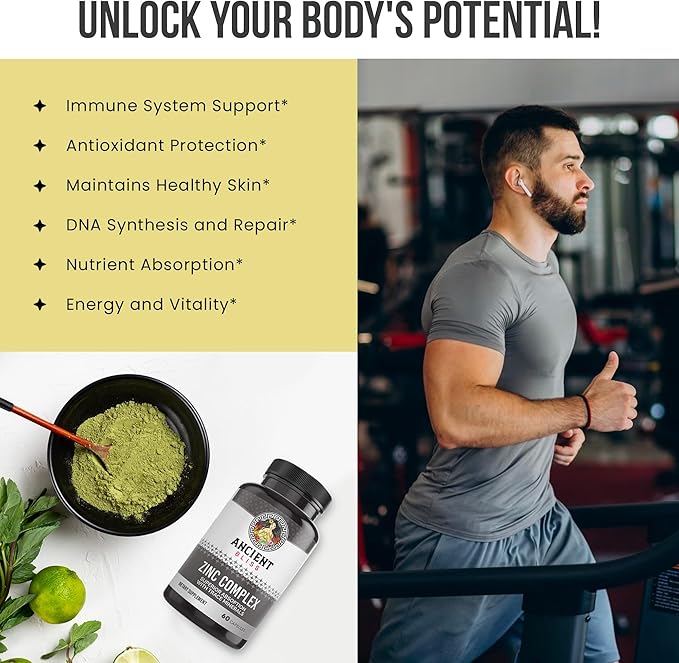 Zinc Complex Capsules with Enhanced Absorption, Antioxidant & Immune Support Supplement, Zinc Supplement for Men & Women by Ancient Bliss (60 Capsules)