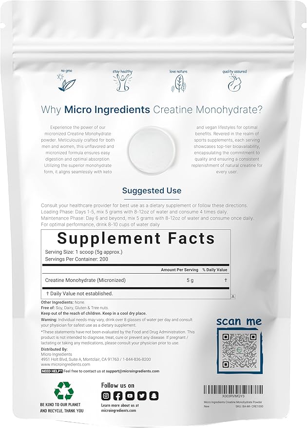 Instant Creatine Monohydrate Powder 1 kg (2.2 Lbs), 5000mg Per Serv, Micronized Creatine Powder, Unflavored, Pure, No Filler, Keto & Vegan Friendly, Easy Dissolve Pre Workout for Women and Men