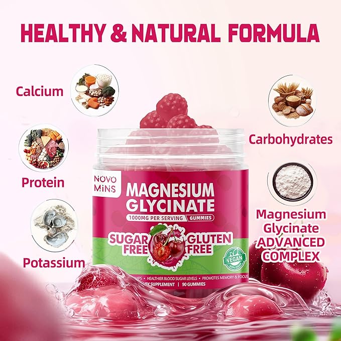 90 CT Magnesium Glycinate Gummies 1000mg - Sugar Free Magnesium Potassium Supplement with Vitamin D, B6, CoQ10 for Calm Mood & Sleep Support - 90 Cherry Gummies.