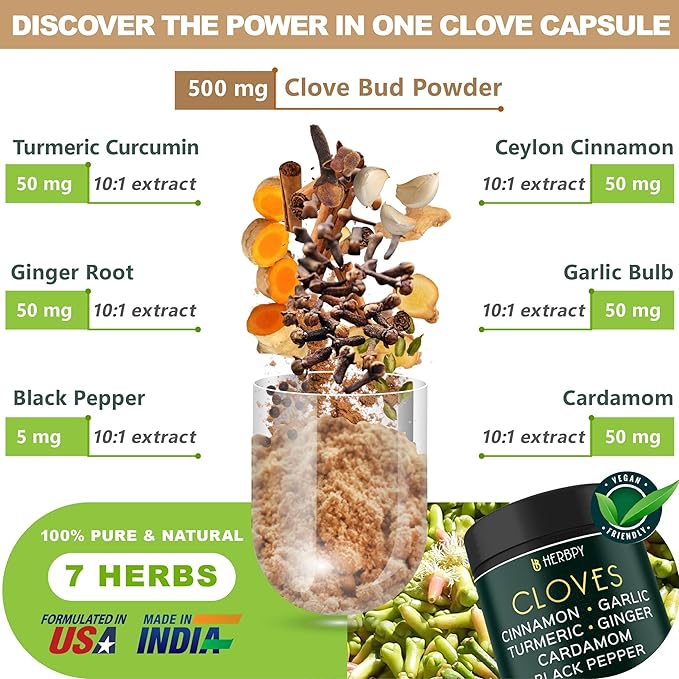 7in1 Clove Supplement Rich in Vitamins & Minerals Supports Digestion, Immune & Heart Health with Cinnamon, Turmeric, Ginger, Cardamom, Garlic & Black Pepper - 100 Vegan Capsules
