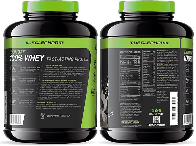 MusclePharm Combat 100% Whey Protein Powder, Cookies ‘N’ Cream Flavor, Fast Recovery & Muscle Gain with Whey Protein Isolate, High Protein Powder for Women & Men, Gluten Free, 5 lb, 70 Servings