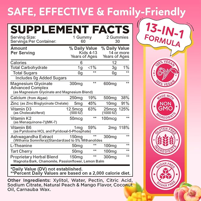 Magnesium Glycinate Gummies for Kids, Magnesium Supplement with L-Theanine, Ashwagandha, Vitamin D3 K2 for Sleep, Calm, Muscle, Relaxation, Cognitive - Sugar Free Peach & Mango Center-Filled Gummie