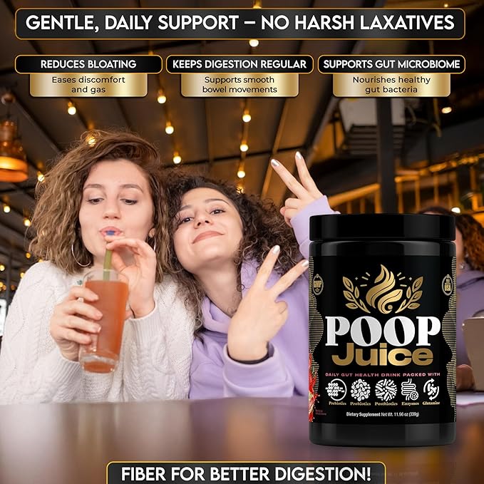 Poop Juice 5-in-1 Prebiotic, Probiotic, Postbiotic, Digestive Enzymes & Glutamine Supplement Powder - Bloat Relief, Gut & Immune Support - Sugar & Lactose-Free - 30 Servings (Georgia Peach Mango)
