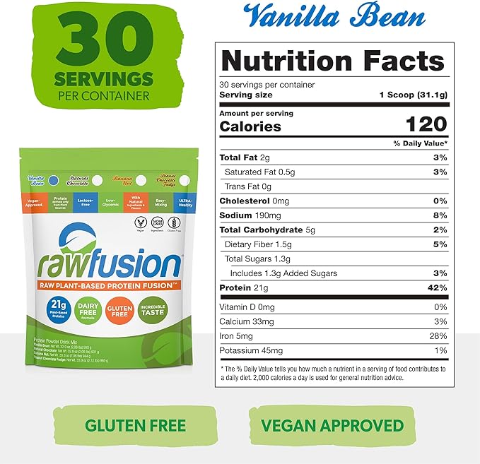 Rawfusion Vegan Protein Powder, Vanilla Bean – 30 Servings, 21g Plant-Based Protein, Low Net Carbs, Non-Dairy, Gluten-Free, Soy-Free, Kosher, Non-GMO, 2.06lbs