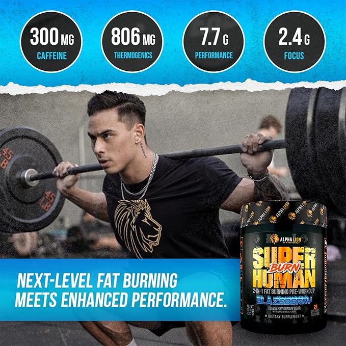 ALPHA LION Superhuman Burn – 2 in 1 Metabolism Booster Pre Workout and Thermogenic Fat Burner for Men – Appetite Suppressant and Weight Loss Supplement (21 Servings, Blue Gummy Bear Flavor)