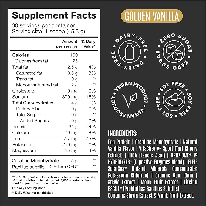 Falcon Performance Vegan Protein Powder, 31g Protein, 5g Creatine, 5g BCAA, Probiotics, Electrolytes, Pre Workout, Low Carb, Sugar Free & Dairy Free, Plant Based Vanilla Protein, 30 Servings