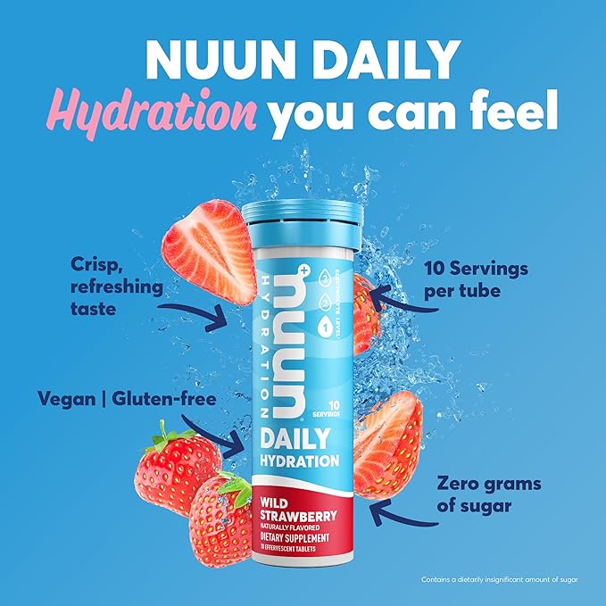 Nuun Daily Electrolyte Tablets with Magnesium, Calcium, Potassium, Chloride & Sodium, Gluten Free, Sugar Free, & Vegan, Wild Strawberry Flavor, 8 Pack (80 Servings Total)