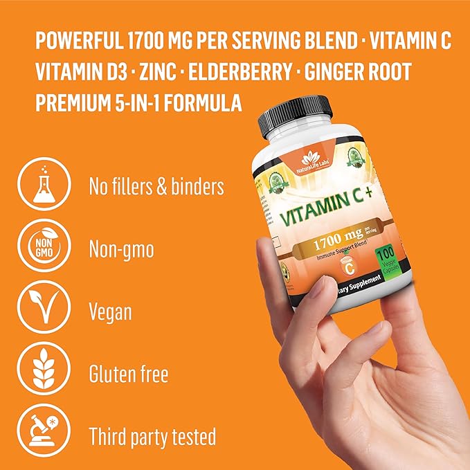 NaturaLife Labs A Higher Standard Vitamin C 1,700 MG with Vitamin D3, Zinc, Elderberry, Ginger Root - Maximum Strength Multi System Immune Support- 100 Veggie Capsules