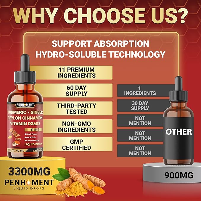 11in1 Liquid Turmeric Curcumin with Vitamin D3, Vitamin K2, Ginger, Ceylon Cinnamon, Berberine Extract, Garlic, Black Pepper - Drops Extract - 60ml - 2 Month Supply