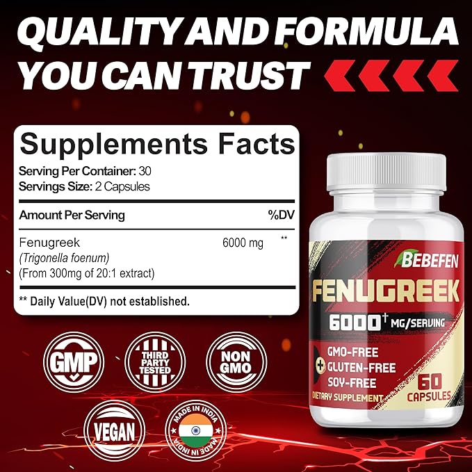 BEBEFEN Fenugreek Capsules 6000mg - Dietary Supplement for Digestion, Women's Health & Overall Well-Being - Vegetarian, Non-GMO