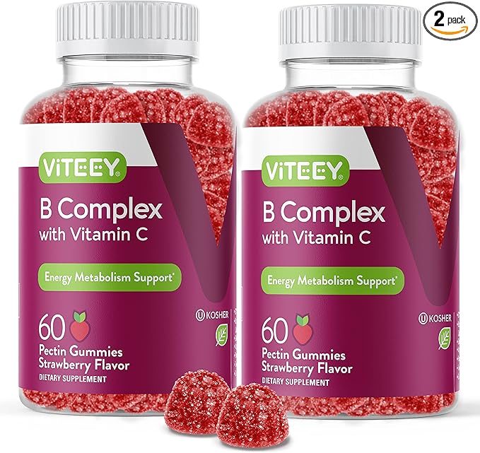Viteey Vitamin B Complex for Adults with Vitamin C, B6, B12, Niacinamide, Folic Acid, Biotin, Calcium - Supports Energy & Metabolism - Vegan, Gluten Free, Gelatin Free - Chewable Strawberry Flavored