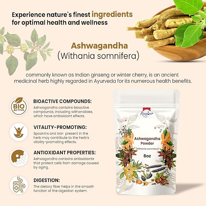 Ramaroma Ashwagandha Root Powder 3.5 oz (100g), Premium Withania Somnifera, Dual Shifter Jar for Easy Use