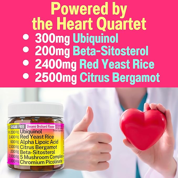 Red Yeast Rice Alpha Lipoic Acid Ubiquinol CoQ10 Citrus Bergamot Beta-Sitosterol Chromium Picolinate Sugar-Less Gummies w Lion's Mane Turkey Tail Reishi Cordyceps Chaga, Pills Capsules Supplement Alt