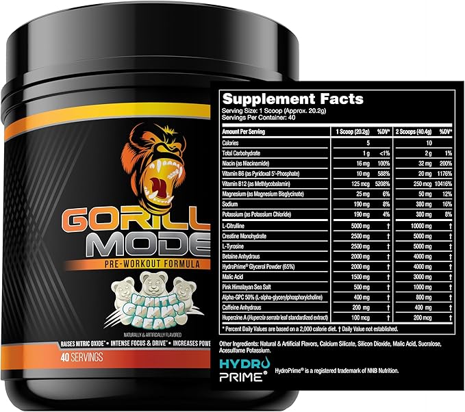 Gorilla Mind Pre Workout - Massive Pumps Laser Focus Energy Power - L-Citrulline, Creatine, L-Tyrosine, Betaine, Hydroprime, Alpha-GPC, 400mg Caffeine, Huperzine A 808g (White Gummy Bear)