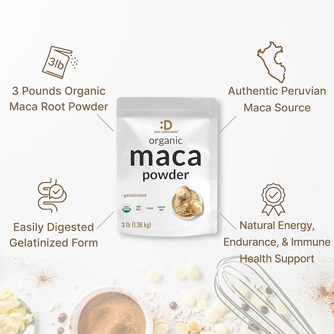 Organic Peruvian Maca Root Powder, 3lbs – Easily Digested Gelatinized Form – Herbal Superfoods Supplement for Men & Women – Supports Immune & Energy Health – Non-GMO