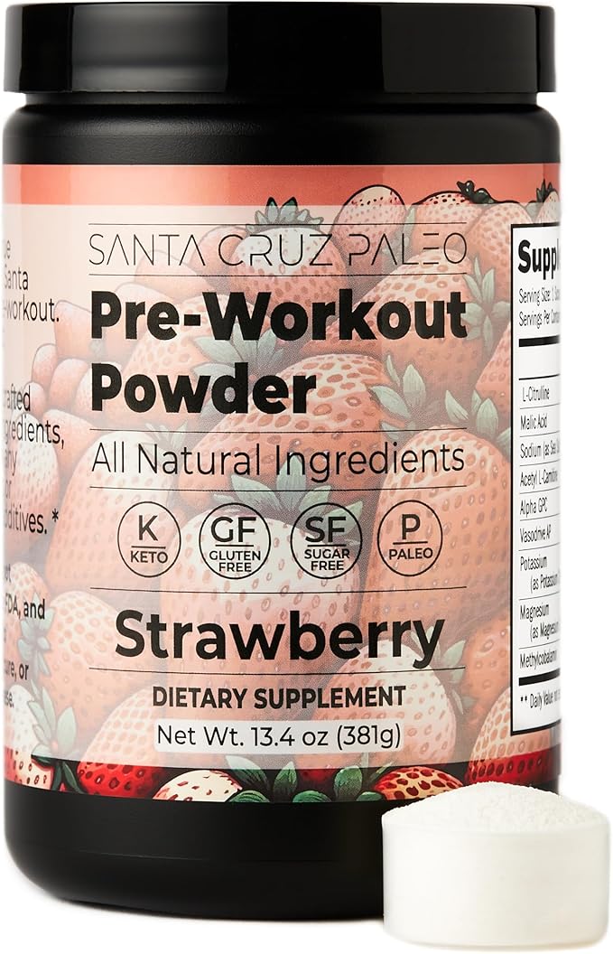 Santa Cruz Paleo Natural Pre Workout Powder, Strawberry, Keto Preworkout with Electrolytes Magnesium, Potassium, L-Citrulline, Caffeine Free, Sugar Free Drink Mix for Energy & Hydration, 30 Servings