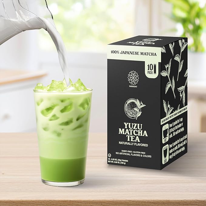 Harmony Matcha Yuzu – Premium Japanese Matcha Powder, Shade-Grown & Stone-Ground, Rich in Antioxidants & L-Theanine, Sweetened with Organic Sugar, No Preservatives, 10 Stick Packs