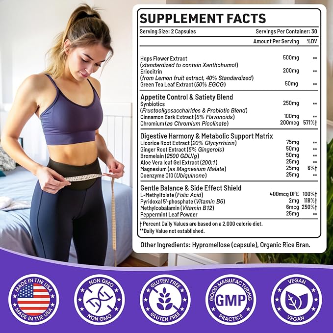 GLP-1 Supplement, 16 in 1 Natural GLP-1 Support, with Probiotic, Hops Extract & Eriocitrin, GLP1 Supplement for Women & Men, GLP1 Probiotics for Digestion, Gut & Metabolism - 30 Days Supply (60 Caps)