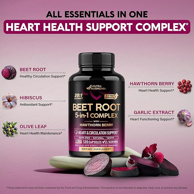 Beet Root Capsules - Healthy Blood Pressure Support Supplement** for Heart & Circulation Support - with Hawthorn Berry, Hibiscus & Garlic - Nitric Oxide for Energy - Made in USA, 120 Capsules