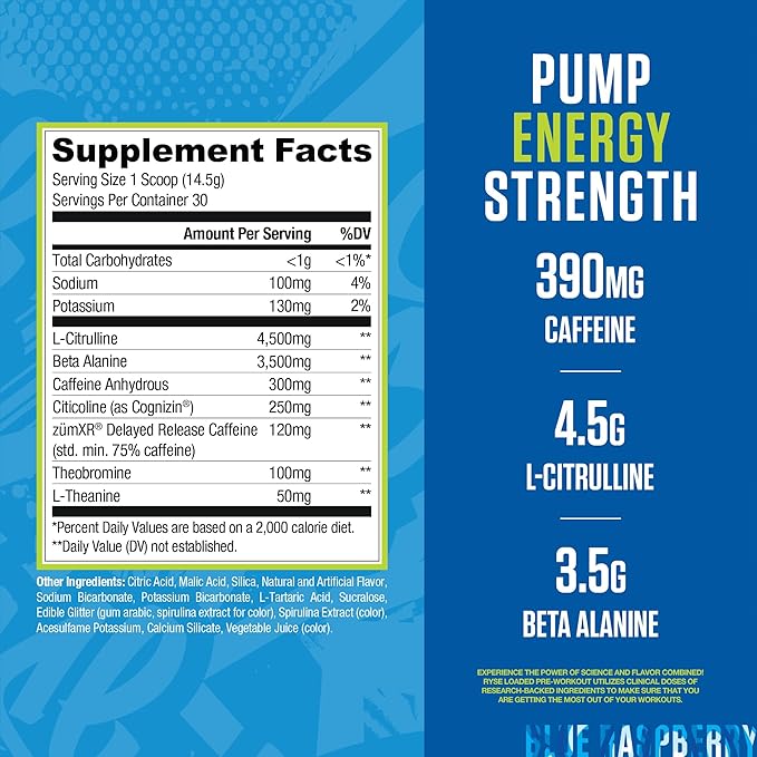 Ryse Loaded Pre Workout Powder - Sour Punch Blue Raz - Daily Pre-Workout for Men & Women with 390mg Caffeine, Beta Alanine, and Citrulline for Pump, Focus, and Energy - 30 Servings