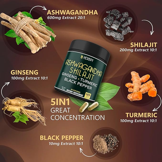 5in1 Ashwagandha Extra Strength with Shilajit for Stamina, Energy & Relaxation Support - Plus Ginseng, Turmeric Root & Black Pepper - 120 Count